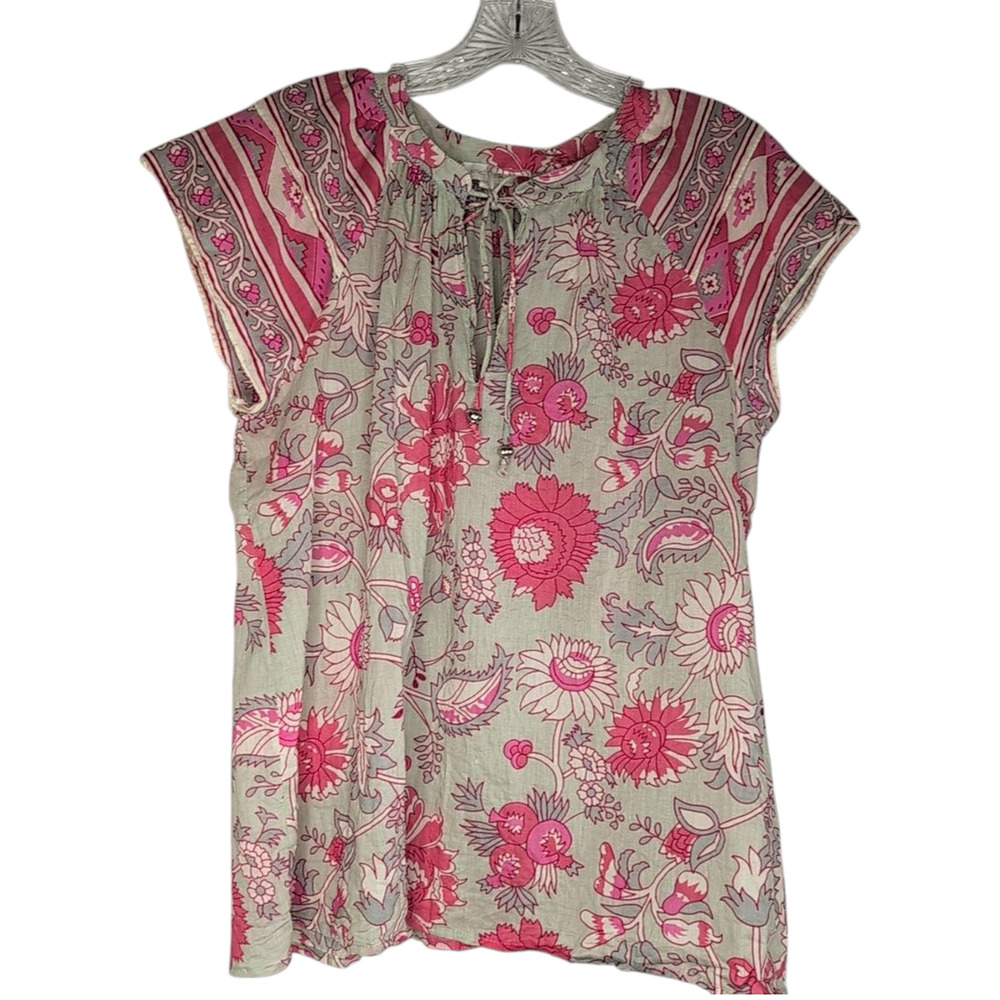 Jennifer & Grace Gray Floral Scoop Neck Cap Sleeve Blouse, size medium